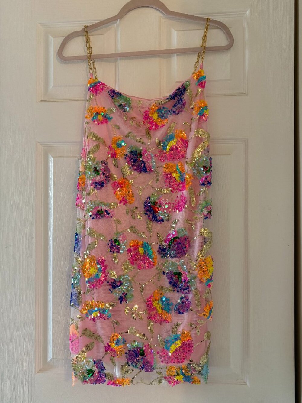 Pink Multicolor Sequin Floral Mini dress- Gold Chain Straps